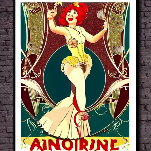 Prompt: art nouveau champagne poster with a happy girl dancing cancan