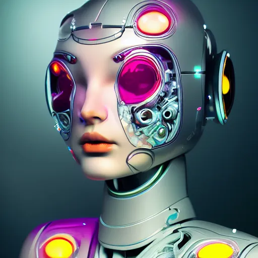 Image similar to an extremely beautiful biomechanical female robot with large emoji, twins, neon jacuzzi, oppai cyberpunk, chimeric organism, pale skin, organic polycarbon, full frontal portrait, highly detailed, transhumanist hydration, light bath, symmetrical, goddess, mendelbrot fractal, ray tracing, hyperdetailed, hyperrealistic, trending on artstation, octane render, hdr, uhd 4k