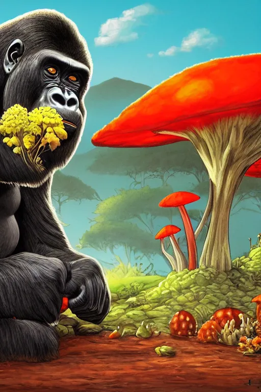 Image similar to gorilla listening to music by jeep holding a amanita muscaria, sunshine, by alba ballesta gonzalez and moebius. 4 k wallpaper, digital flat 2 d, japan animation, comic book, illustration, cinematic lighting, smooth sharp focus.