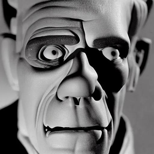 Prompt: film still of hyper realistic face portrait of classic frankenstein boris karloff trying to smile, in the style of universal horror movie, hyper detail,