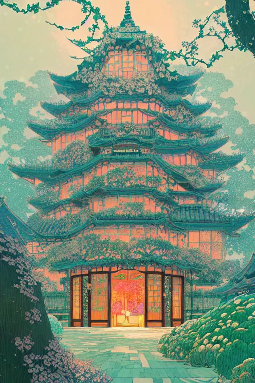 Image similar to a beautiful hyperdetailed matte illustration victo ngai style of absolutely beautiful blooming flower house, from china, perfectly shaded, atmospheric lighting, style of studio ghibli, makoto shinkai, raphael lacoste, louis comfort tiffany, artgerm, james jean, ross tran, chinese style