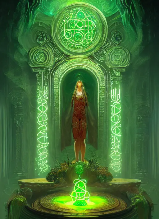 Image similar to portrait of the goddess of life, green glowing runes, overgrown altar, intricate, elegant, glowing lights, highly detailed, digital painting, artstation, concept art, smooth, sharp focus, illustration, art by wlop, mars ravelo and greg rutkowski