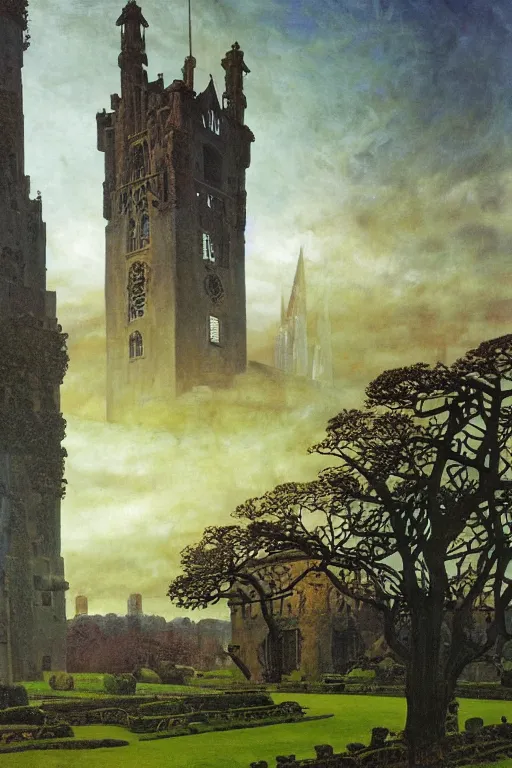 Image similar to view of the old tower and its gardens after a storm, tall windows lit up, beautiful ornamental architecture, dramatic cinematic lighting, rich colors, by Caspar David Friedrich and Diego Rivera and ford madox brown and Nicholas Roerich and April Gornik, smooth, sharp focus, extremely detailed, featured on artstation