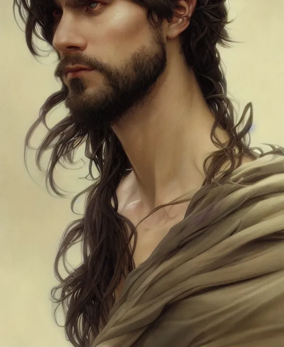 Image similar to portrait close up of guy, concentrated look, symmetry, long hair. d & d, fantasy, intricate, elegant, highly detailed, digital painting, artstation, concept art, art by artgerm and greg rutkowski and alphonse mucha, boris vallejo