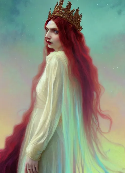 Prompt: ombre velvet gown, lovely queen, portrait, long raven hair, small crown, dozens of jeweled necklaces, feral languid hannah murray, by greg rutkowski, anato finnstark, alphonse mucha, global illumination, radiant light