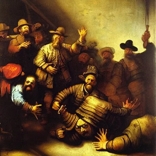 Prompt: death of the money lenders, oil painting by rembrandt