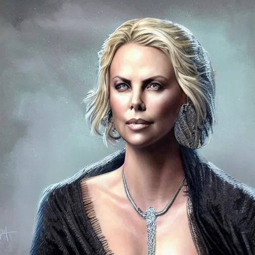 Image similar to a photo of charlize theron as a sorceress, urban motifs, intricate, elegant, highly detailed, digital painting, trending on artstation, concept art, smooth sharp focus, illustration, art by artgerm and greg rutkowski