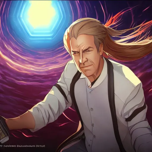 Image similar to portrait of saul goodman wielding the element of boundless magecraft, ether, anime fantasy illustration by tomoyuki yamasaki, kyoto studio, madhouse, ufotable, trending on artstation