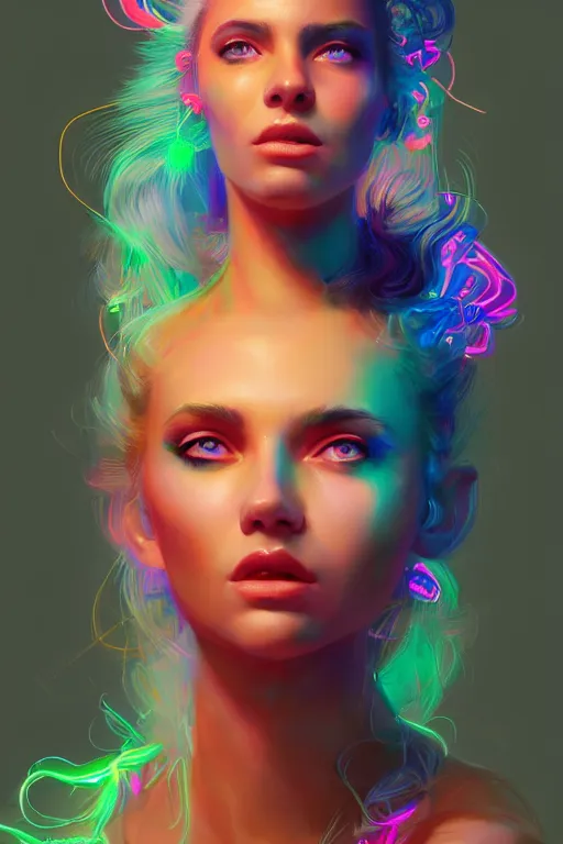 Image similar to a award winning portrait of a beautiful woman with stunning eyes in a one off shoulder crop top and cargo pants with rainbow colored hair, outlined by whirling illuminated neon lines and fine lines swirling in circles by greg rutkowski, digital art, trending on artstation