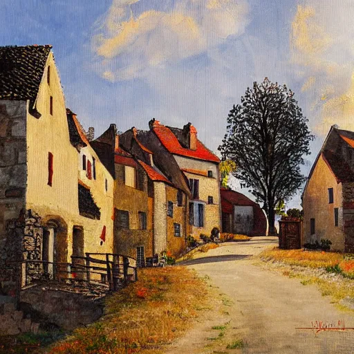 Image similar to painting of a rural French medieval village, by Aleksander Rostov