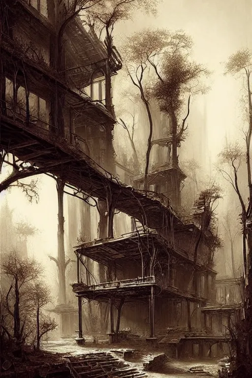 Prompt: (((((a ramshackle manhattan brick brownstone deep in the forest))))) by Raphael Lacoste!!!!!!!!!!!!!!!!!!!!!!!!!!!