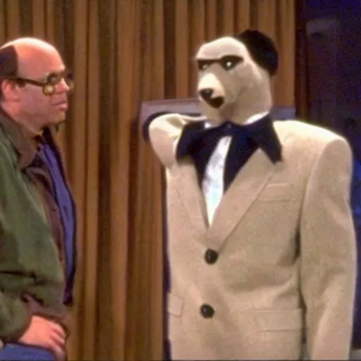 Image similar to That episode of Seinfeld where Kramer accidently ends up at a furry convention and stumbles into the headless lounge right into a very surprised George Costanza, making him drop his fursuit head.