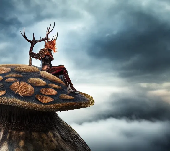 Image similar to a photo of an armored woman warrior redhead with antlers sitting on a giant mushroom that covers a whole village and reaches above the clouds by luis royo. intricate. lifelike. soft light. sony a 7 r iv 5 5 mm. cinematic post - processing