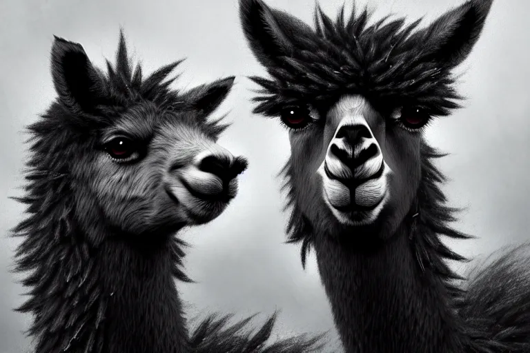 Prompt: highly detailed animal portrait of an emo alpaca, black eyeshadow, piercings, earrings, digital art made by makoto shinkai, lois van baarle, greg rutkowski and jakub rebelka, highly detailed, symmetrical, extremely coherent, smooth, shaped focus, dystopian gray forest background, skull