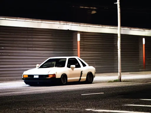 Prompt: a white toyota ae86 parked in an empty parking lot at night, vhs tape