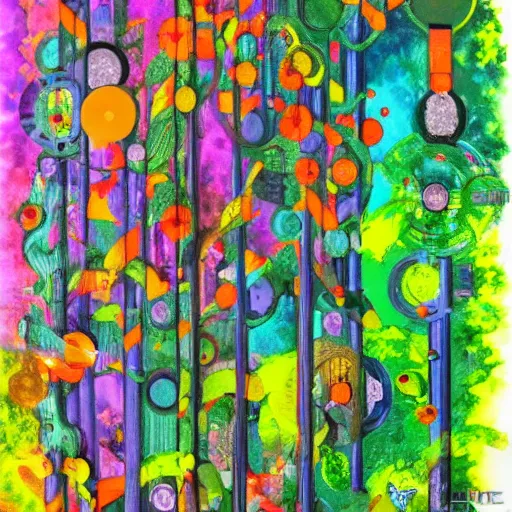 Image similar to lush enchanted forest interlocking with machines by salome totladze, bursts of color, beautiful