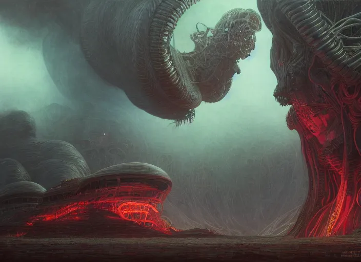 Prompt: behemoth, neon, they are watching, RGB, glowing wires everywhere, pristine, by Edgar Maxence and Ross Tran, Zdzisław Beksiński, and Michael Whelan, distant, gustav dore, H.R. Giger, 8k, octane render