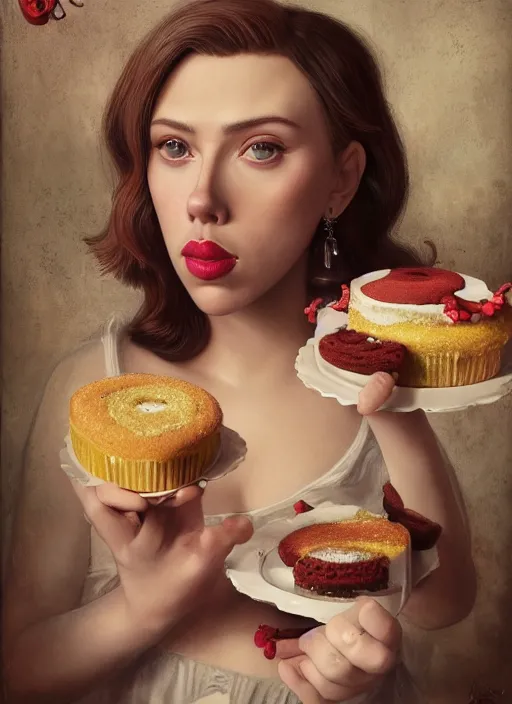 Image similar to closeup portrait of tin toy scarlett johansson eating cakes, depth of field, zeiss lens, detailed, symmetrical, centered, fashion photoshoot, by nicoletta ceccoli, mark ryden, lostfish, earl nore, hyung tae, frank frazetta, breathtaking, 8 k resolution, extremely detailed, beautiful, establishing shot, artistic, hyperrealistic, octane render