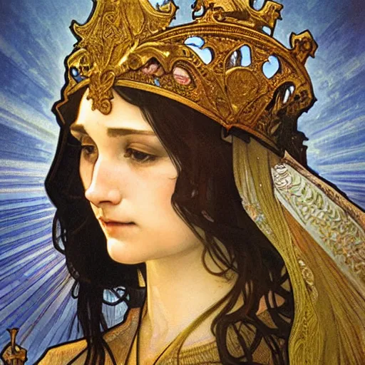 Prompt: realistic detailed face portrait of a beautiful young medieval queen by Alphonse Mucha, Greg Hildebrandt, and Mark Brooks, gilded details, spirals, Neo-Gothic, gothic, Art Nouveau, ornate medieval religious icon