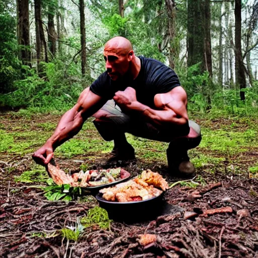 Prompt: the rock eating meat off the forest floor