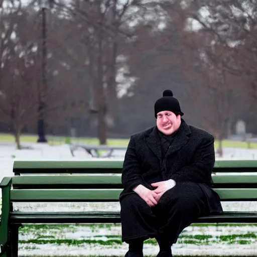 Image similar to Kevin Malone wearing a black beanie hat and black wool overcoat sitting on a park bench during the winter