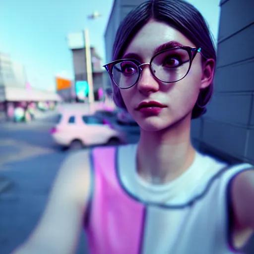 Image similar to selfie of a young woman, winged eyeliner, pastel clothing, urban environment, depth of field, octane render, photorealistic, trending on artstation