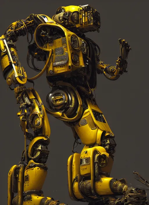 Image similar to a photorealistic dramatic hyperrealistic render of a futuristic exosuit power loader heavy machinery, ultra realistic details, glossy yellow, well worn, rust, oil stains by vitaly bulgarov and mike nash, beautiful dramatic dark moody tones and lighting, cinematic atmosphere, studio lighting, global illumination, shadows, dark background, octane render, 8 k