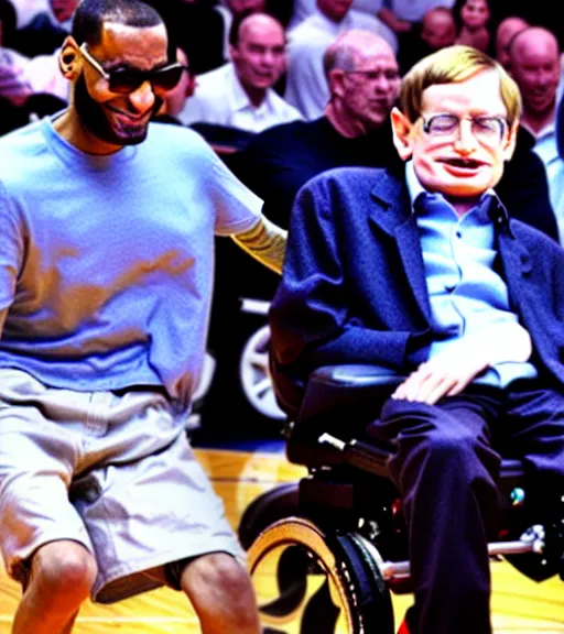 Image similar to stephen hawking playing basketball with lebron james