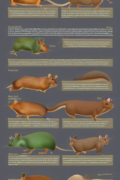 Image similar to breeds of rodents, infographic of new species of large rodent that come in new colors for pet owners, rodent morphs, rodent races, comparisons of different rodents, detailed scientific illustration