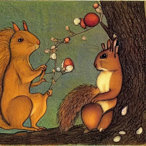 Image similar to two squirrels sitting in a tree, a rabbit sits underneath the tree, in the style of john bauer