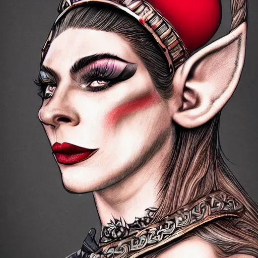 Prompt: high quality side portrait of a masculine but feminine drag queen wearing a viking helmet and red lipstick, elf ears, illustration, comic - style, pen, tattoo, charcoal, matte minimal, symmetrical face, intricate details, award - winning, 4 k, 8 k, dynamic pose, cinematic dramatic lighting, bright and colorful, two color