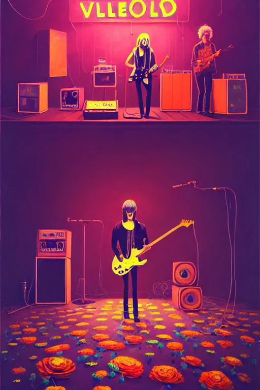 Image similar to the velvet underground and nico playing live on stage at a night club, beautiful stage decoration with flowers in the background, painting by simon stalenhag and wes anderson, very detailed and colorful and toned down and ornamental and moody and cool and relaxed and high on drugs, trending on artstation, behance contest winner