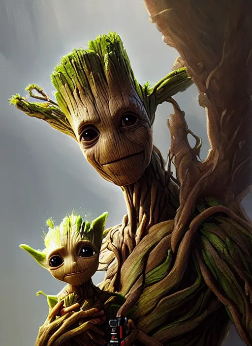 Image similar to very detailed masterpiece painting of groot holding yoda, portrait, artstation, concept art by greg rutkowski