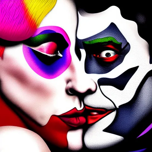 Prompt: richard hamilton and mimmo rottela as lady gaga harley queen and joaquin phoenix joker couple kissing, pop art, 2 color, left and right align, object details, dynamic composition, 4 k, ultra realistic art, smooth, sharp focus, illustration, concept art, intricate details, h 7 6 8