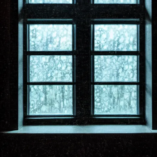 Image similar to dark photo of dark blue rainy bedroom window at night, creepy face of elon musk staring in through the window,
