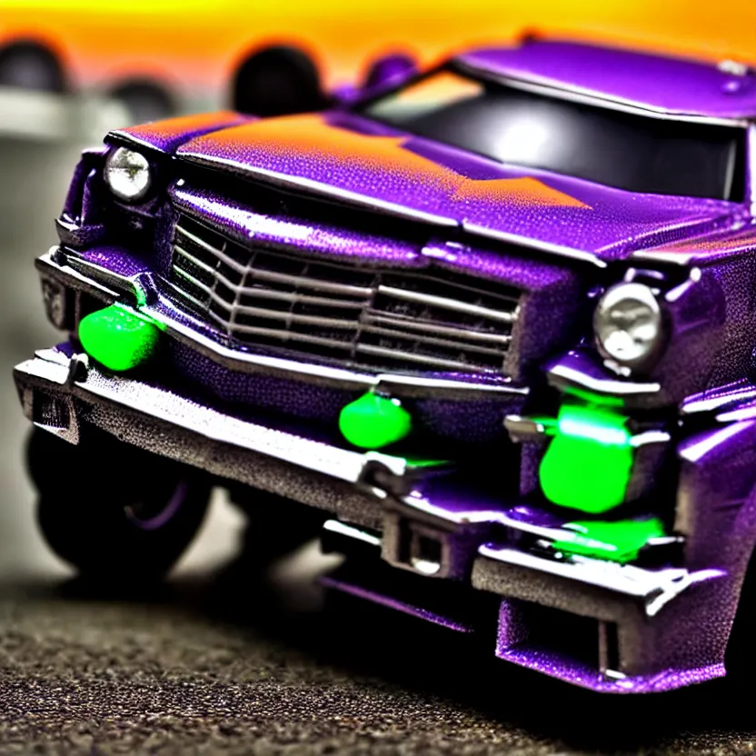 Prompt: close-up JZX100 twin turbo drift jet engine monster truck drag racer cowboy Cadillac hover-car UFO in the road, Tokyo prefecture, Japanese architecture, city sunset mist lights, cinematic lighting, photorealistic, detailed alloy wheels, highly detailed purple green snake oil wacky races power ranger bat-mobile transformer car