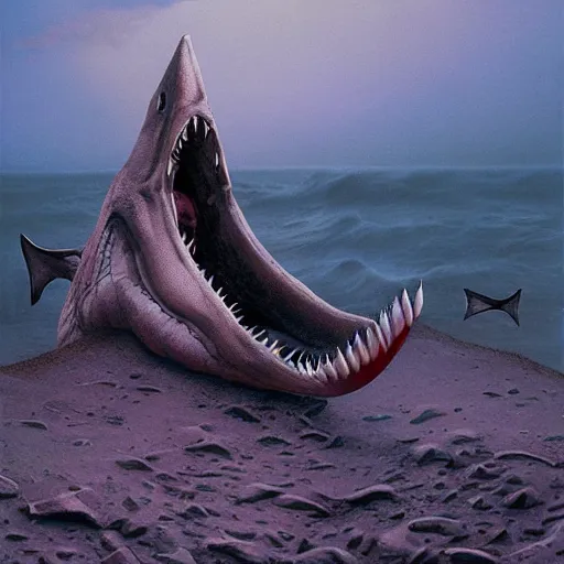 Prompt: vampire with shark teeth, background beach, gothic, warhammer, colorful, highly detailed, artstation, digital art by zdislav beksinski and wayne barlowe