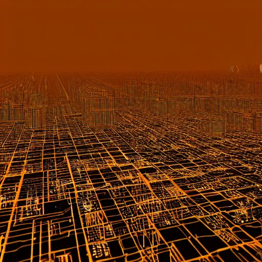 Image similar to an electron microscope image of a sprawling mega city, bokeh, 3D render, magnified, orange and blue wireframe render, 4k HD