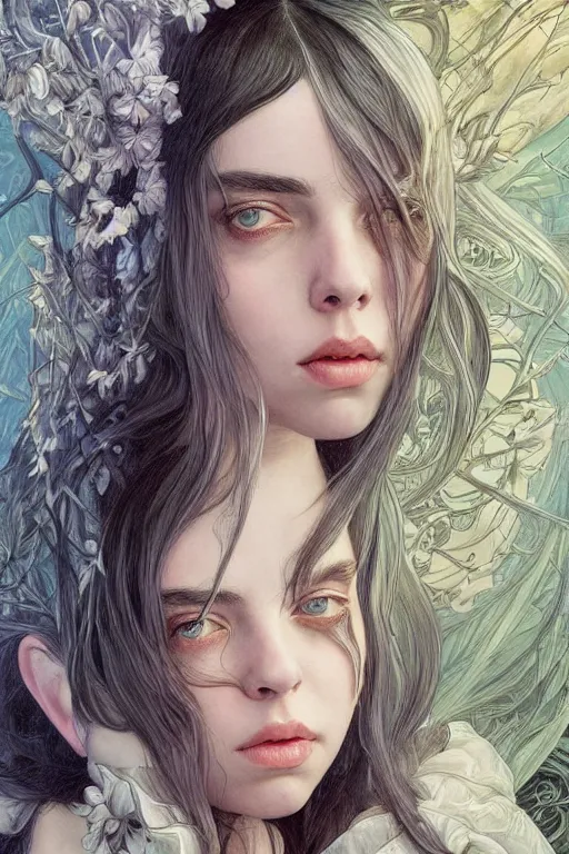 Prompt: Billie Eilish, fantasy, intricate, elegant, highly detailed, digital painting, 4k, HDR, concept art, smooth, sharp focus, illustration, art by artgerm and H R Giger and alphonse mucha