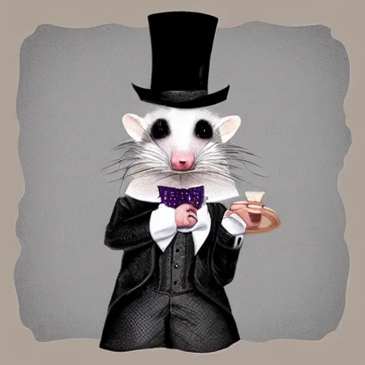 Prompt: a cute opossum wearing a lil top hat