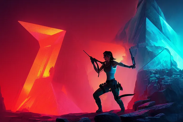 Image similar to Lara croft on lsd (((dynamic neon lighting)) in geometric solar temple elegant, highly detailed, sharp focus, illustration, beautiful, geometric, trending on artstation, battlefield, cinematic, artwork by Tran, Ross and Aivazovsky, Ivan