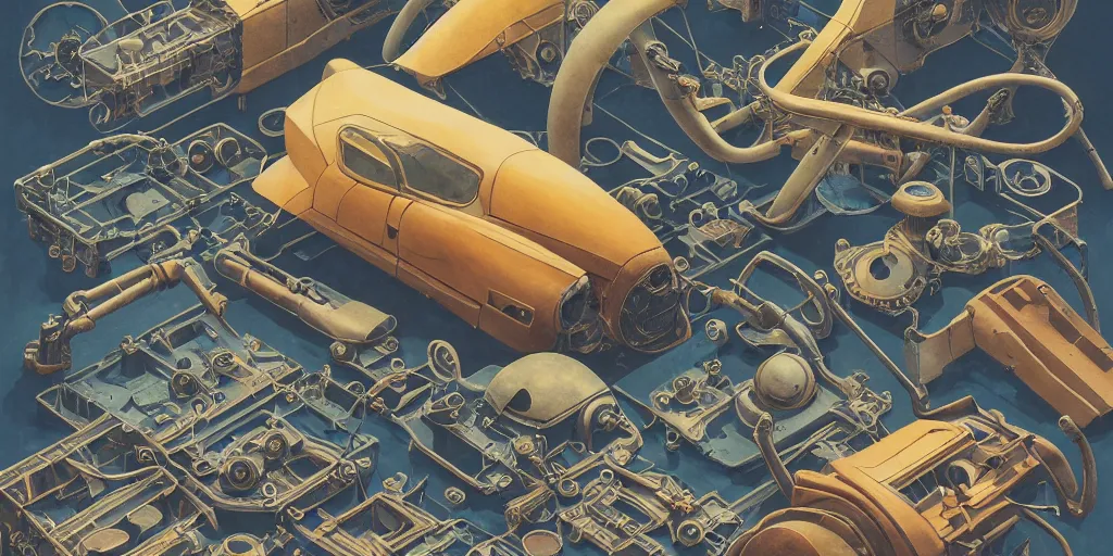 Image similar to collection of exploration of form and shapes, moebius, engine, props, hard surface, panel, simon stalenhag, kitbash, items, gadget, big medium small, close up, vehicles, futuristic, parts, machinery, greebles, insanely detailed, case, hardware, golden ratio, wes anderson color scheme, in watercolor gouache detailed paintings