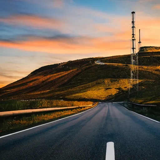 Prompt: a road next to warehouses, and a hill behind it with a radio tower on top, instant camera, sharp focus, sunset