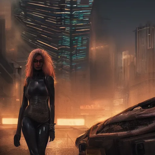 Image similar to a very detailed digital image of a futuristic woman in a post-apocalyptic city, extremely detailed woman, stunning volumetric lighting, hyper realism, fantasy 4k