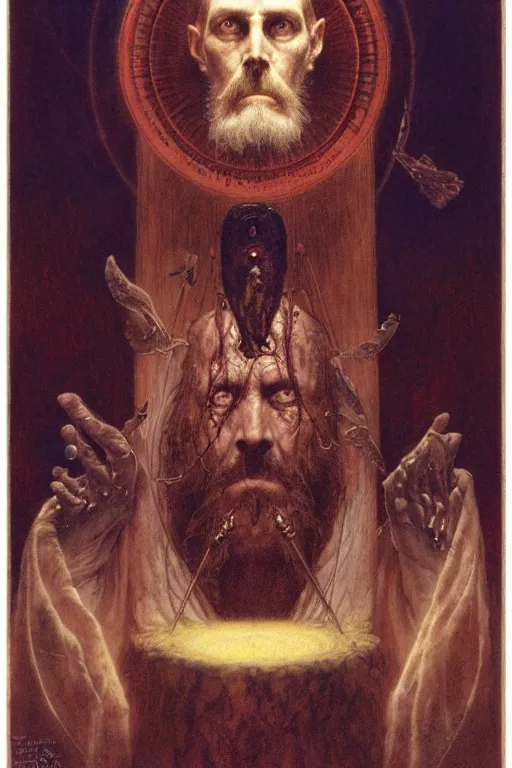 Image similar to an occult art portrait of john dee by wayne barlowe, gustav moreau, goward,  Gaston Bussiere and roberto ferri, santiago caruso, and austin osman spare