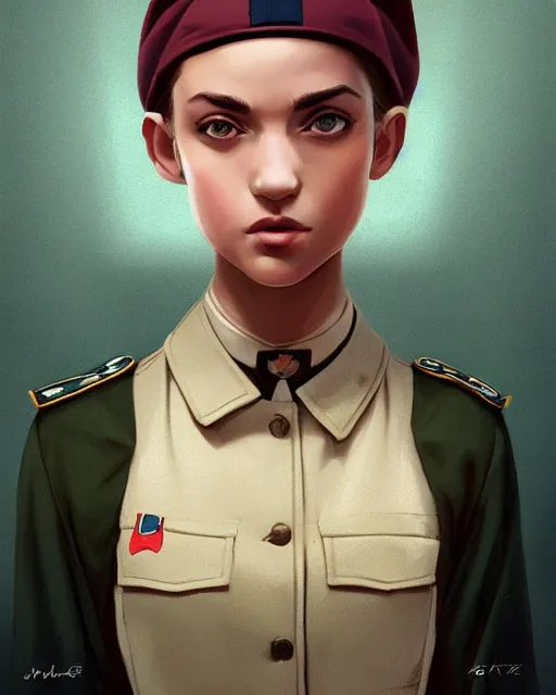 Image similar to potrait bust of young woman with shoulder length light brown hair and hazel eyes dressed in a sharp dark teal military uniform and beret, symmetry, anime, ilya kuvshinov, greg rutkowski, guweiz, ross tran, loish, svetlana tigai, artgerm, artstation trending, concept art, digital painting