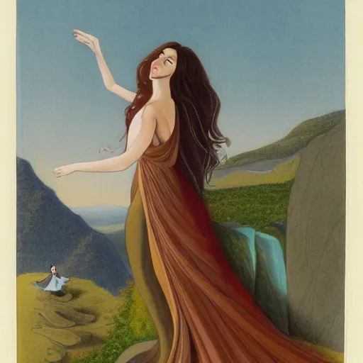 Prompt: Beautiful woman with long brown hair and a flowing dress standing on the ledge of a mountain, micheal parkes —H 768