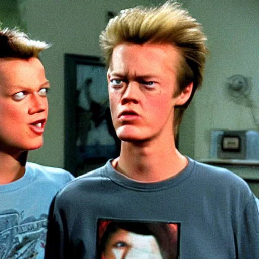 Prompt: a detailed movie still of beavis and butthead as played by their lookalike teenage actors