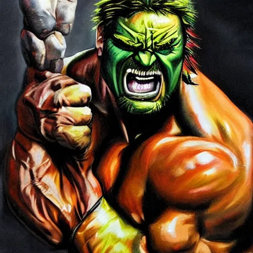 Prompt: wrestler hulk hogan, photorealistic, ring of fire, painted by simon bisley