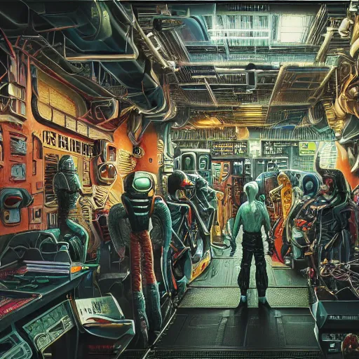 Prompt: highly detailed crowded future apartment complex, punk, grunge, jim henson creature shop, robots humans and extraterrestrials, inside a crowded space station, 1 9 8 0 s science fiction, 1 9 7 0 s science fiction, alien 1 9 7 9, cyberpunk, 3 d oil painting, depth perception, 4 k, artstation